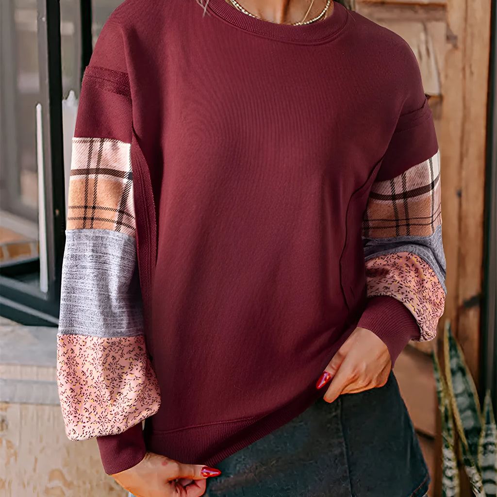 Women's loose long-sleeved top with plaid stitching detail in apricot colour