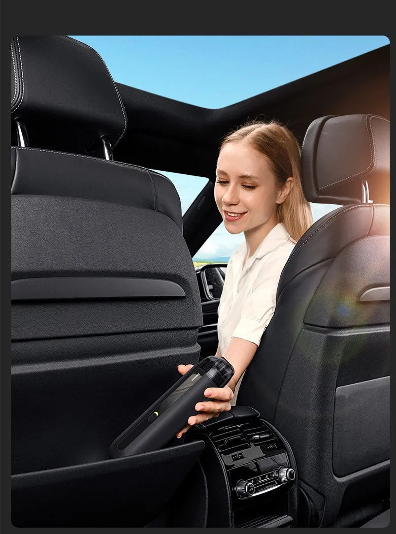 BASEUS wireless handheld car vacuum cleaner in black, white, or green, showing compact size and blowing hose attachment.