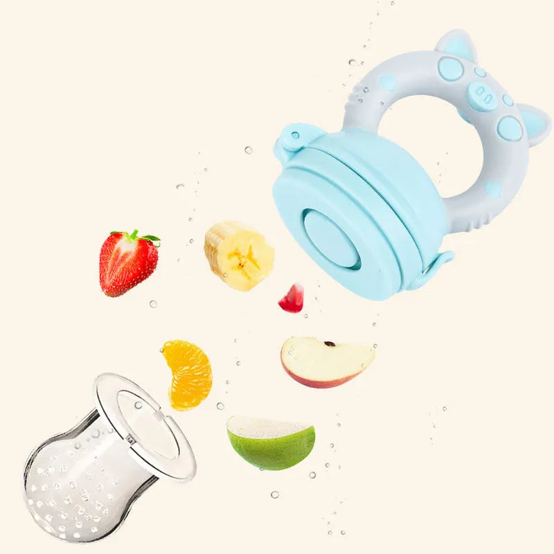 Silicone baby teether with textured mouthpieces in blue, green, or pink colour options