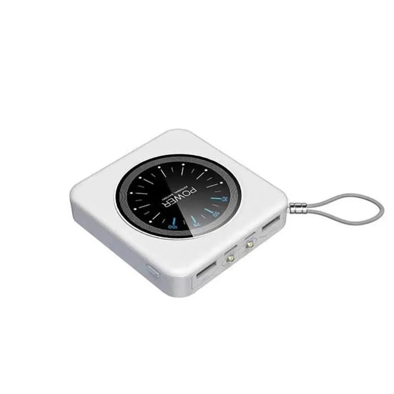 Mini portable power bank charger with a digital clock display on its front face.
