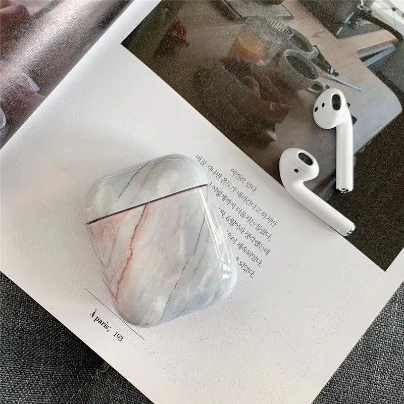 White Marble hard PC protective case cover for Apple AirPods 1 and 2 charging box.