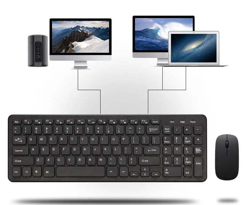 Black wireless keyboard and mouse set with USB receiver on wooden desk