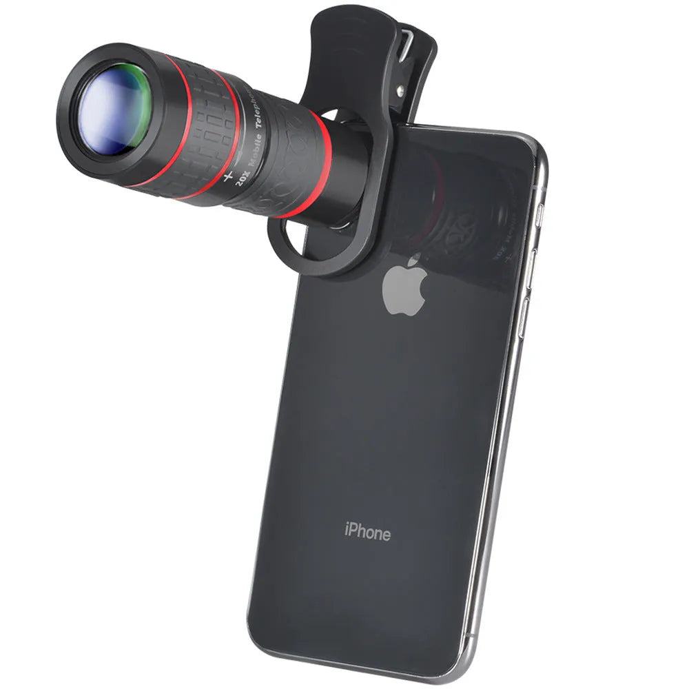 20x magnification smartphone telescope attachment with universal clip and lens case on a mobile phone.