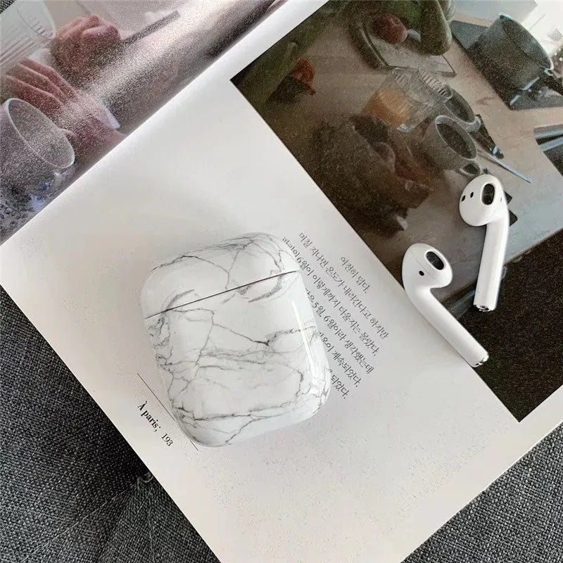 White Marble hard PC protective case cover for Apple AirPods 1 and 2 charging box.