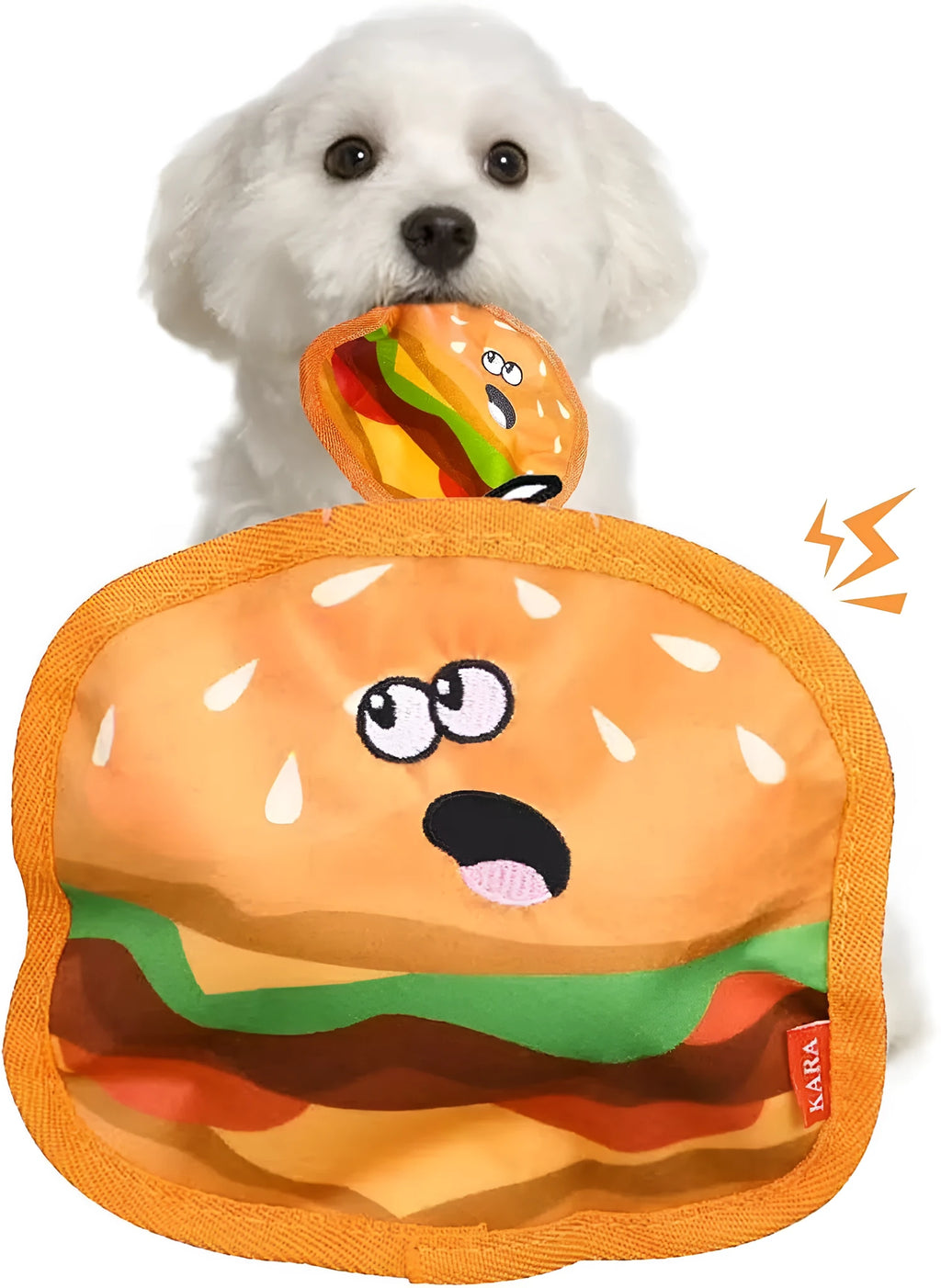 Food-shaped dog toy with crinkle and squeak features in hamburger, fries, hot dog, and pizza designs