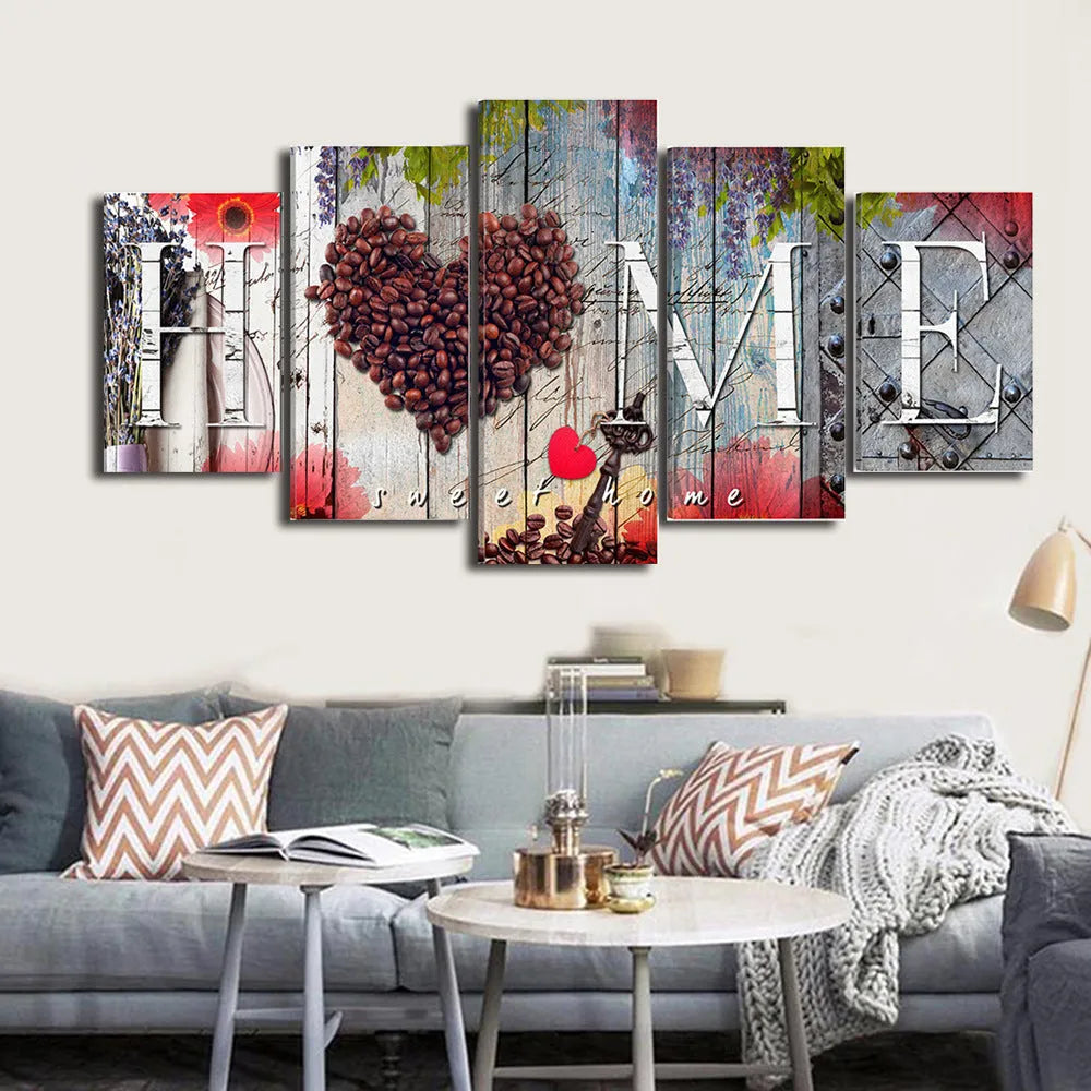 Set of five red oil painting home decoration boards arranged as gallery wall display