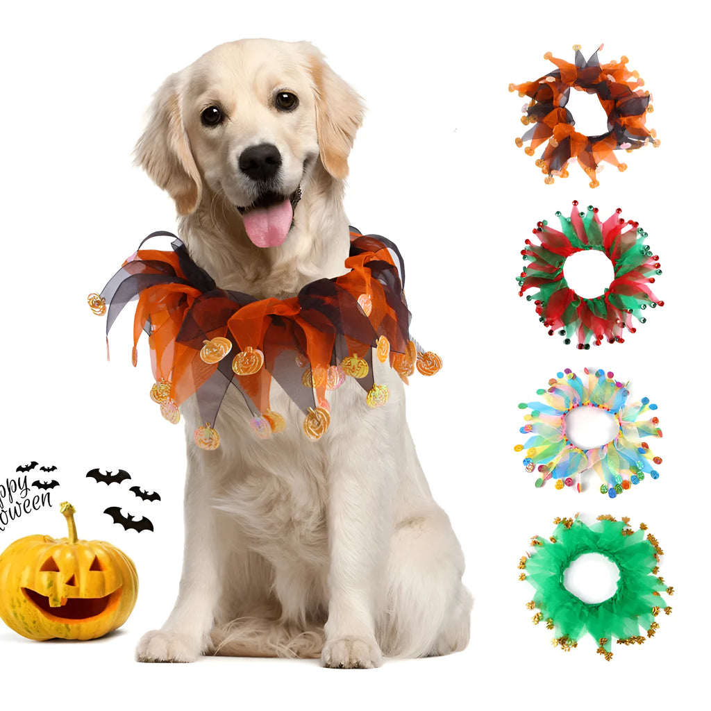 Tie-dye patterned pet collar in colourful design showing Christmas Halloween themes on cloth material