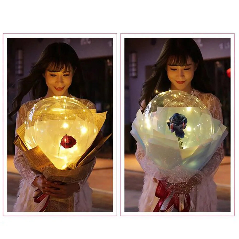 DIY LED luminous transparent balloon with artificial rose and lights inside for decoration.