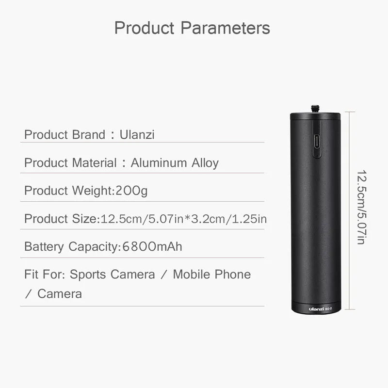 Black aluminium power bank with 6800mAh capacity measuring 12.5cm long