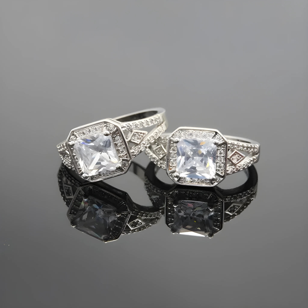 Geometric zircon ring with hollow design and platinum colour finish on solid copper