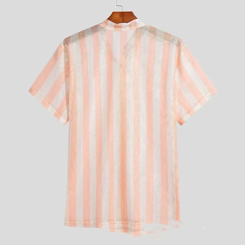 Pink men's loose short-sleeved cardigan shirt with waffle weave texture and holes