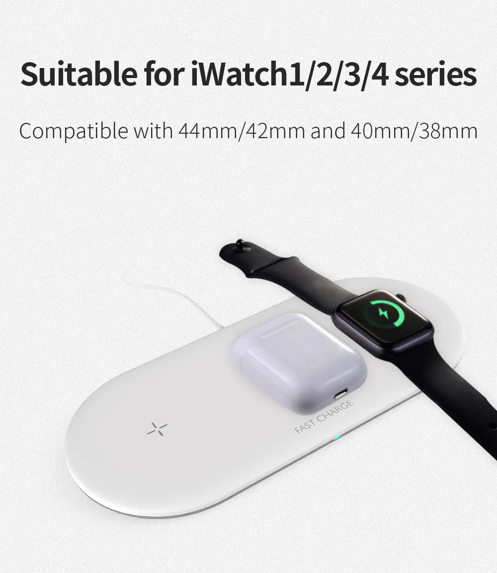 Black and white three-in-one wireless charging station for iPhone, Apple Watch and headphones on a desk.