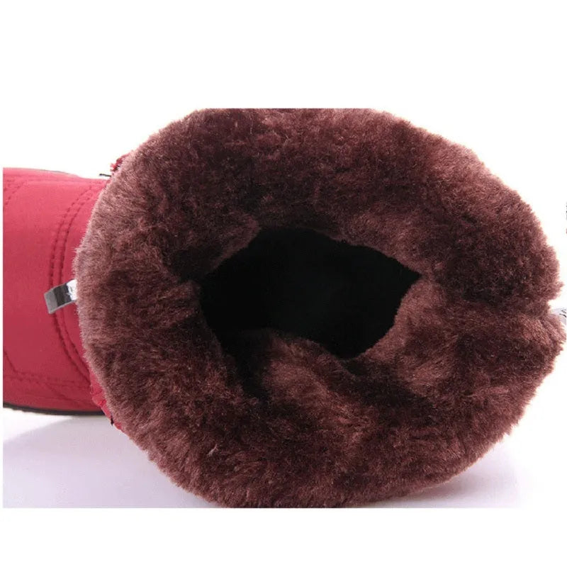 Women's winter snow boots with cloth upper, 3cm heel, 16cm tube height, artificial thick hair lining, black brown red.