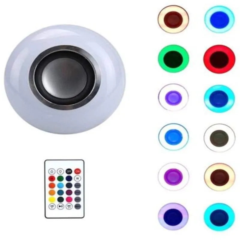 White E27 Bluetooth speaker light bulb with remote control showing 16 colour RGB lighting options