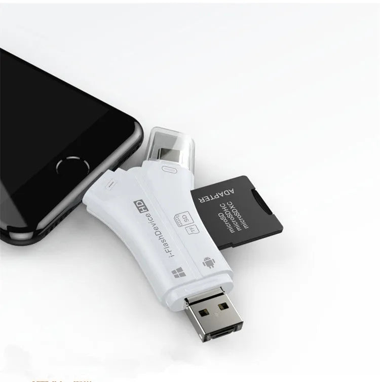 NK908 white 4-in-1 card reader for Apple iPhone Android and PC with SD and Micro SD slots