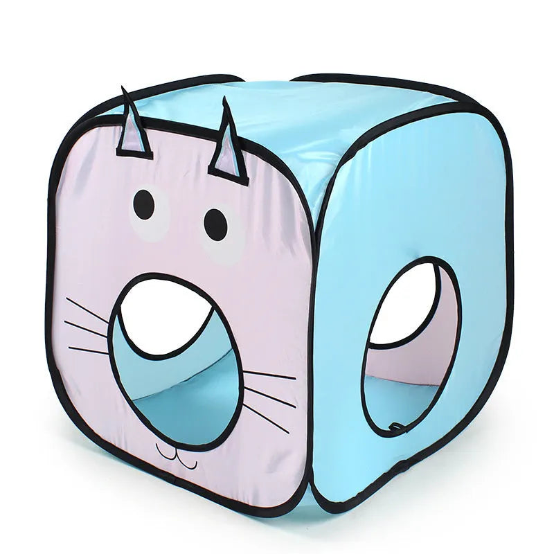 Foldable pet tent cat tunnel play set with cat and fish design motif