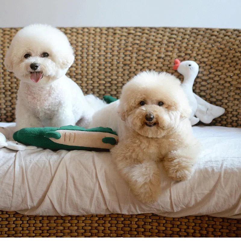 Green plush toy dog soft toy measuring 35cm by 18cm on a plain background.