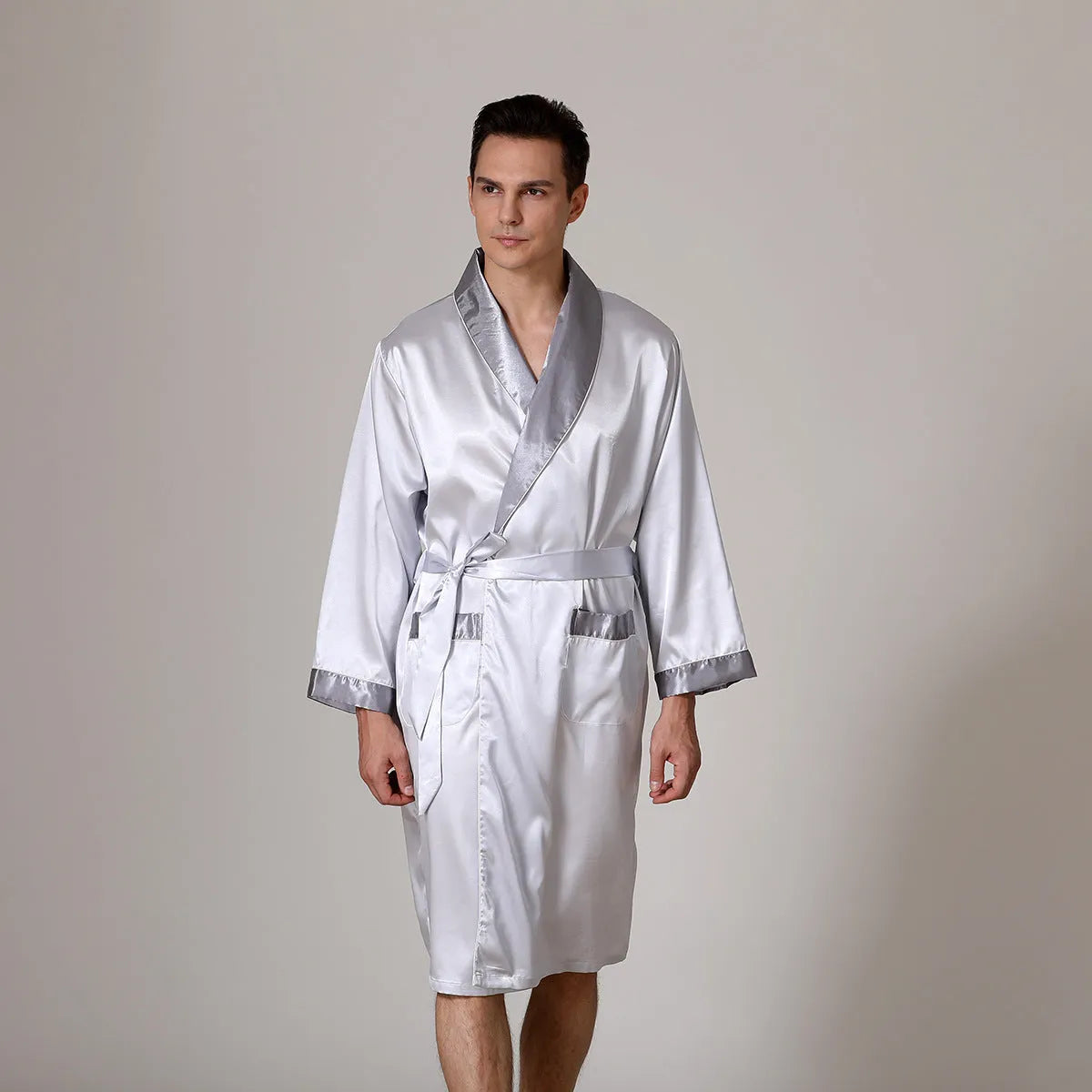 Men's lightweight polyester silk bathrobe for summer in multiple colours and sizes.