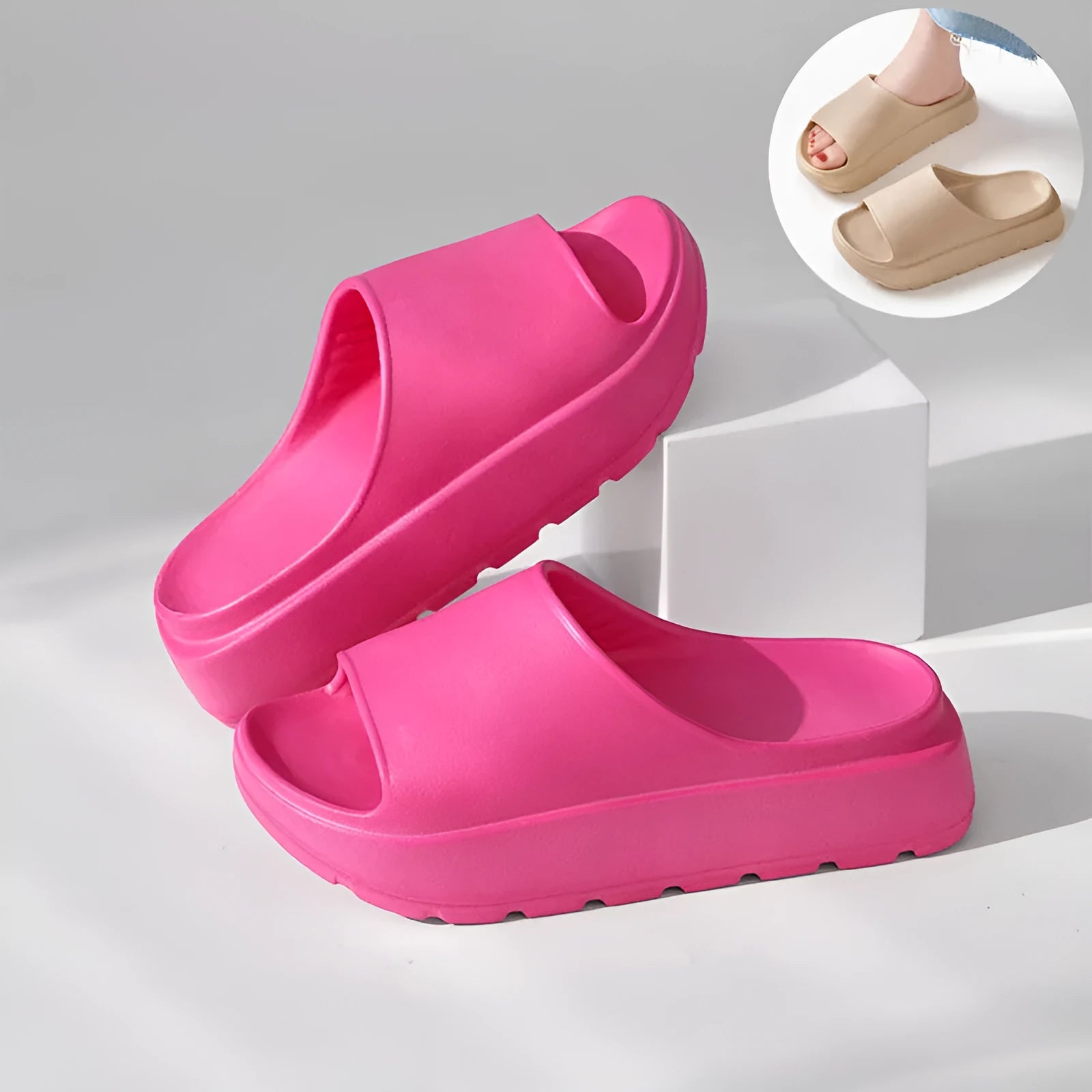 Women's fish mouth slippers with thick 5.5cm EVA soles in beige, black, khaki or rose red colours