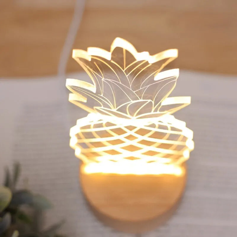 Cartoon pineapple-shaped bedside table lamp made from wood and acrylic with a USB cable.
