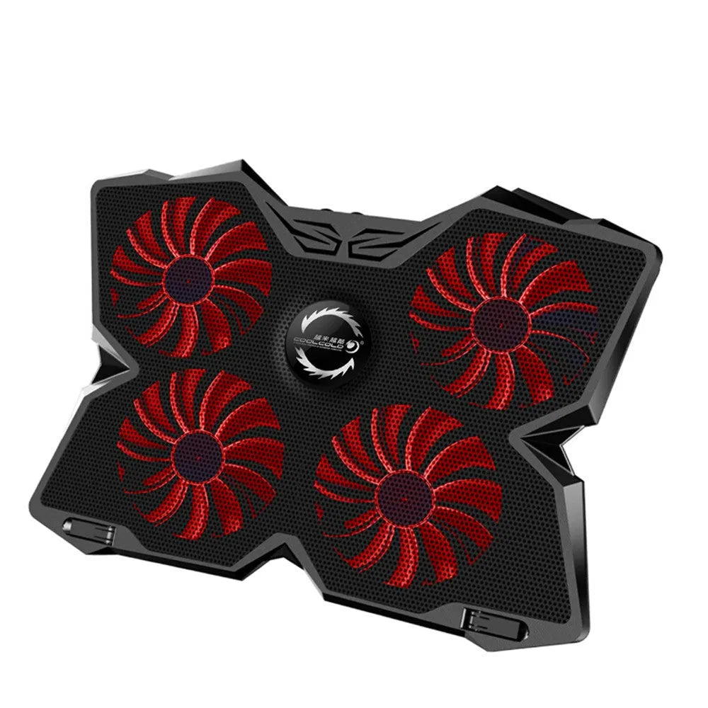 Blue computer cooling base with four LED fans and USB ports on desktop
