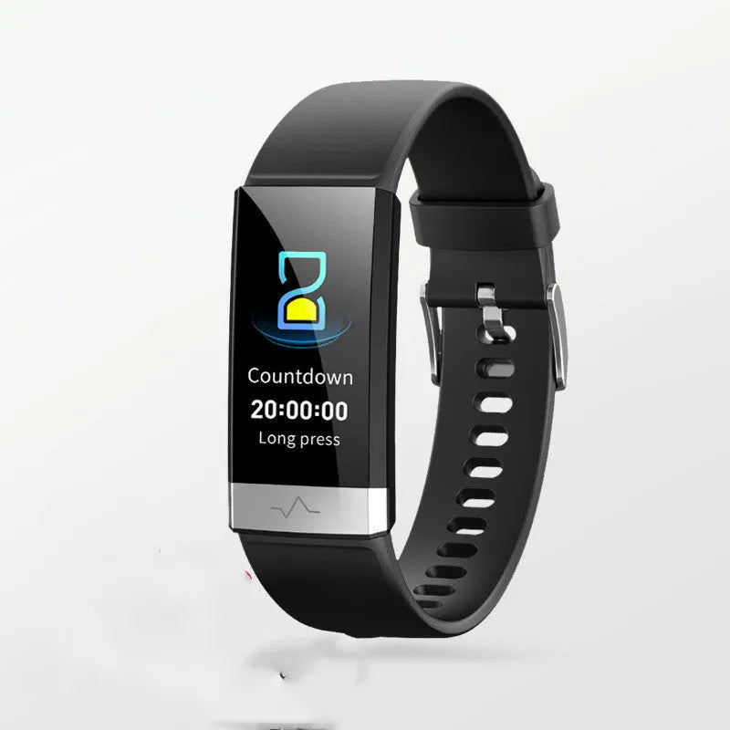 V19 smart health monitoring bracelet in black, blue, or red colours showing its display and TPU wrist strap.