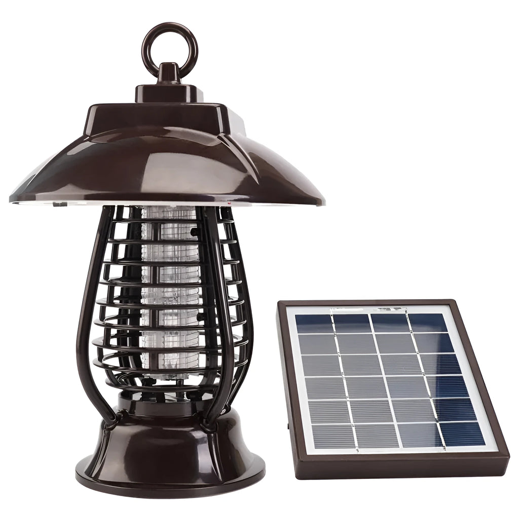 Black solar-powered mosquito lamp with solar panel and white LED light for outdoor insect control