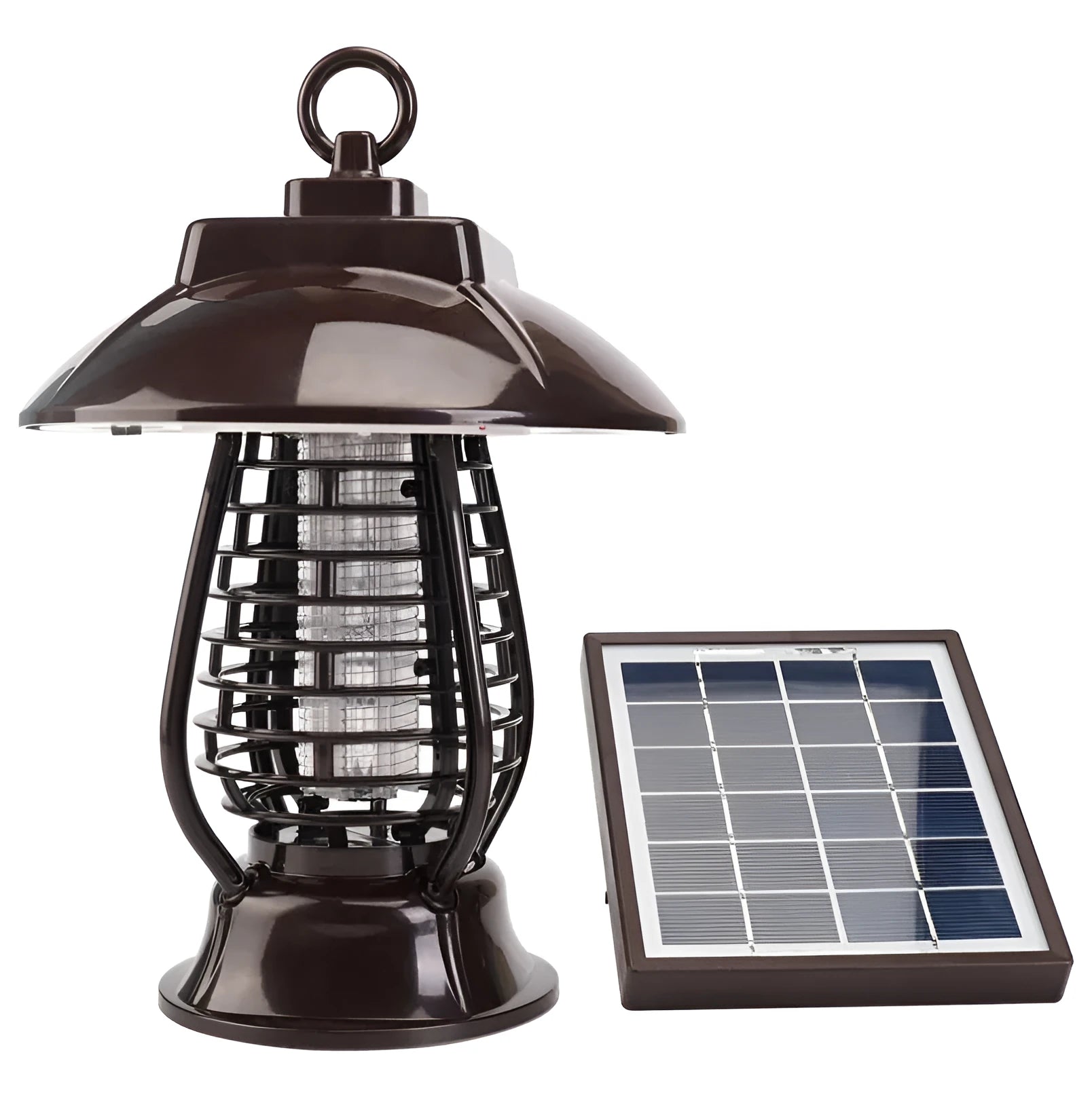 Black solar-powered mosquito lamp with solar panel and white LED light for outdoor insect control