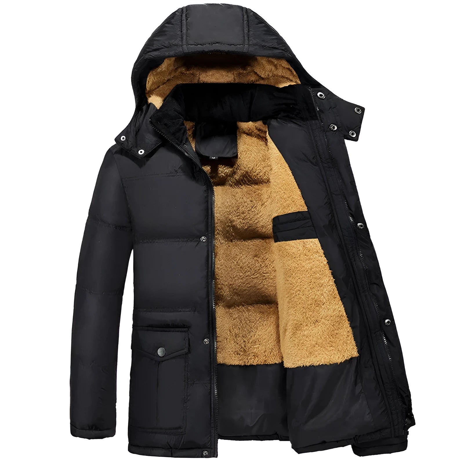 Men's black velvet padded hooded winter jacket with double-breasted placket in loose fit