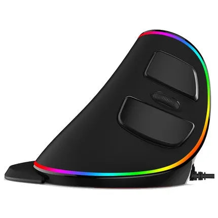 Vertical snail-shaped ergonomic wired computer mouse with RGB lighting on a desk.