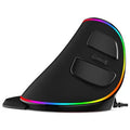 Vertical snail-shaped ergonomic wired computer mouse with RGB lighting on a desk.