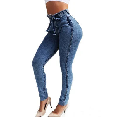 Fringed jeans in stretch cowboy denim with distressed hem detailing in dark blue colour