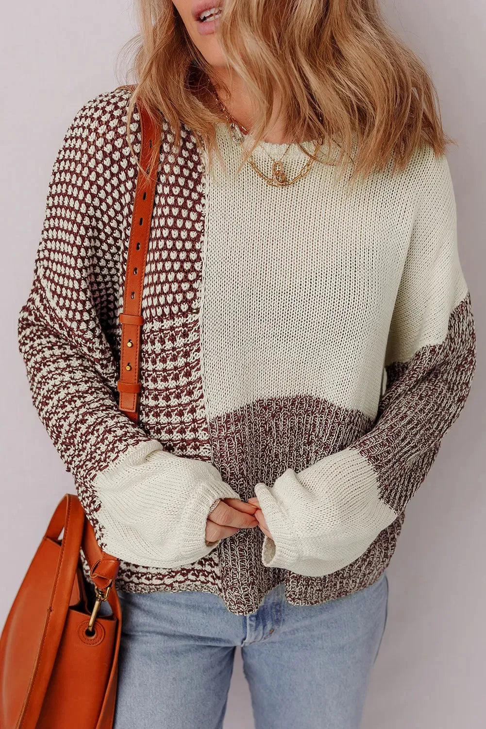 Dark khaki colour block drop shoulder loose sweater with back tie detail