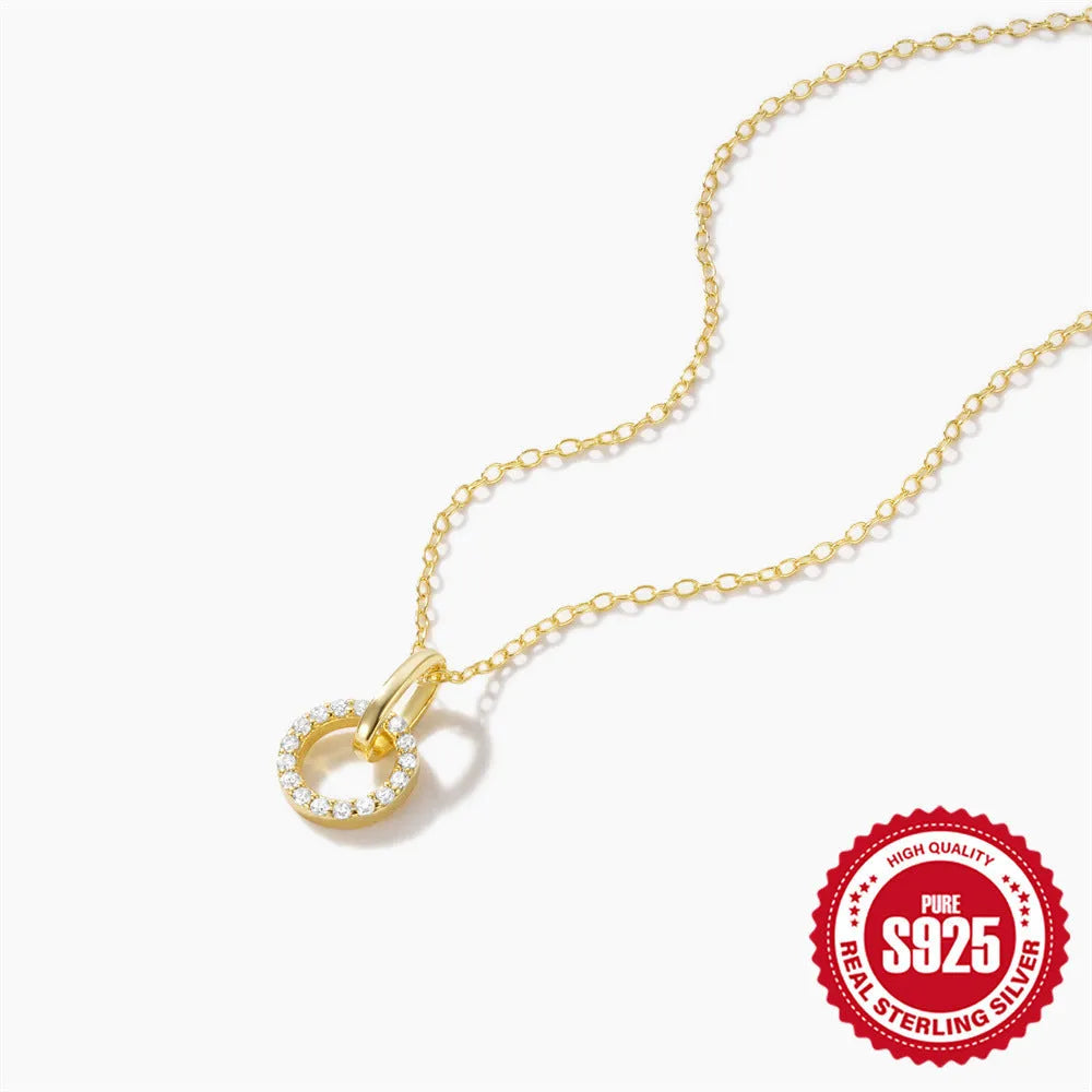 S925 sterling silver interlocking geometric pendant clavicle chain necklace with micro zircon details on gold-tone finish