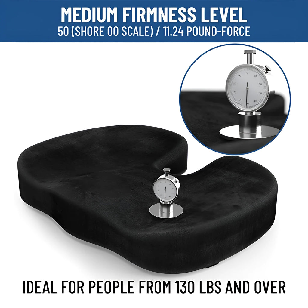 Black U-shaped memory foam seat cushion for office chairs.