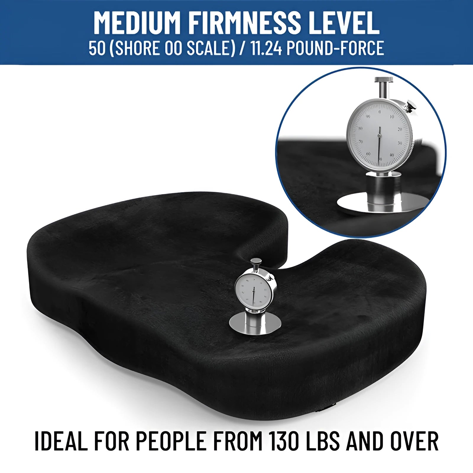 Black U-shaped memory foam seat cushion for office chairs.