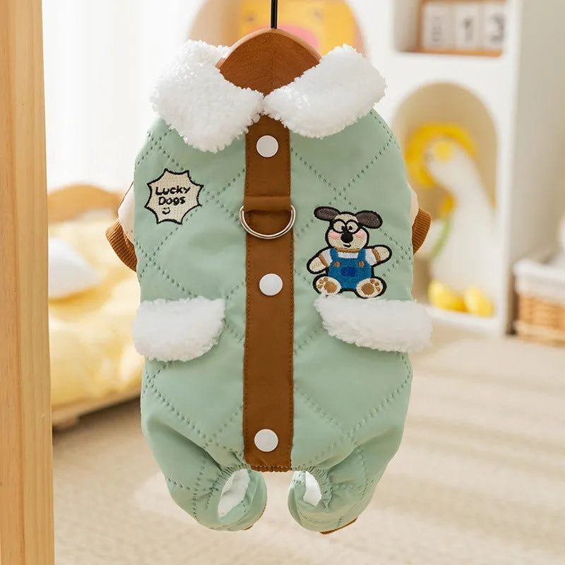 Warm thick Maillard pocket patch four-legged cotton dog coat in green with fleece-lined collar and leash ring