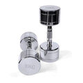 Silver pure steel electroplated dumbbell with ergonomic handle on a neutral background.