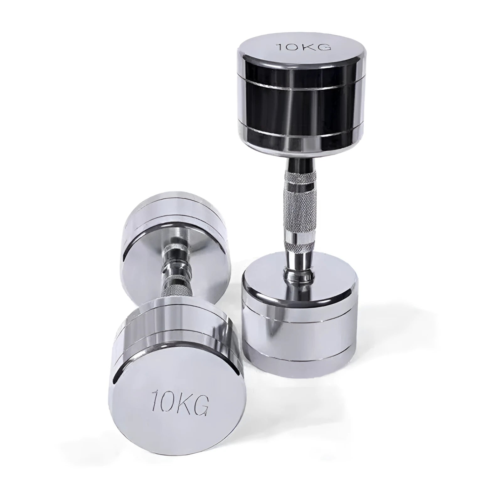 Silver pure steel electroplated dumbbell with ergonomic handle on a neutral background.