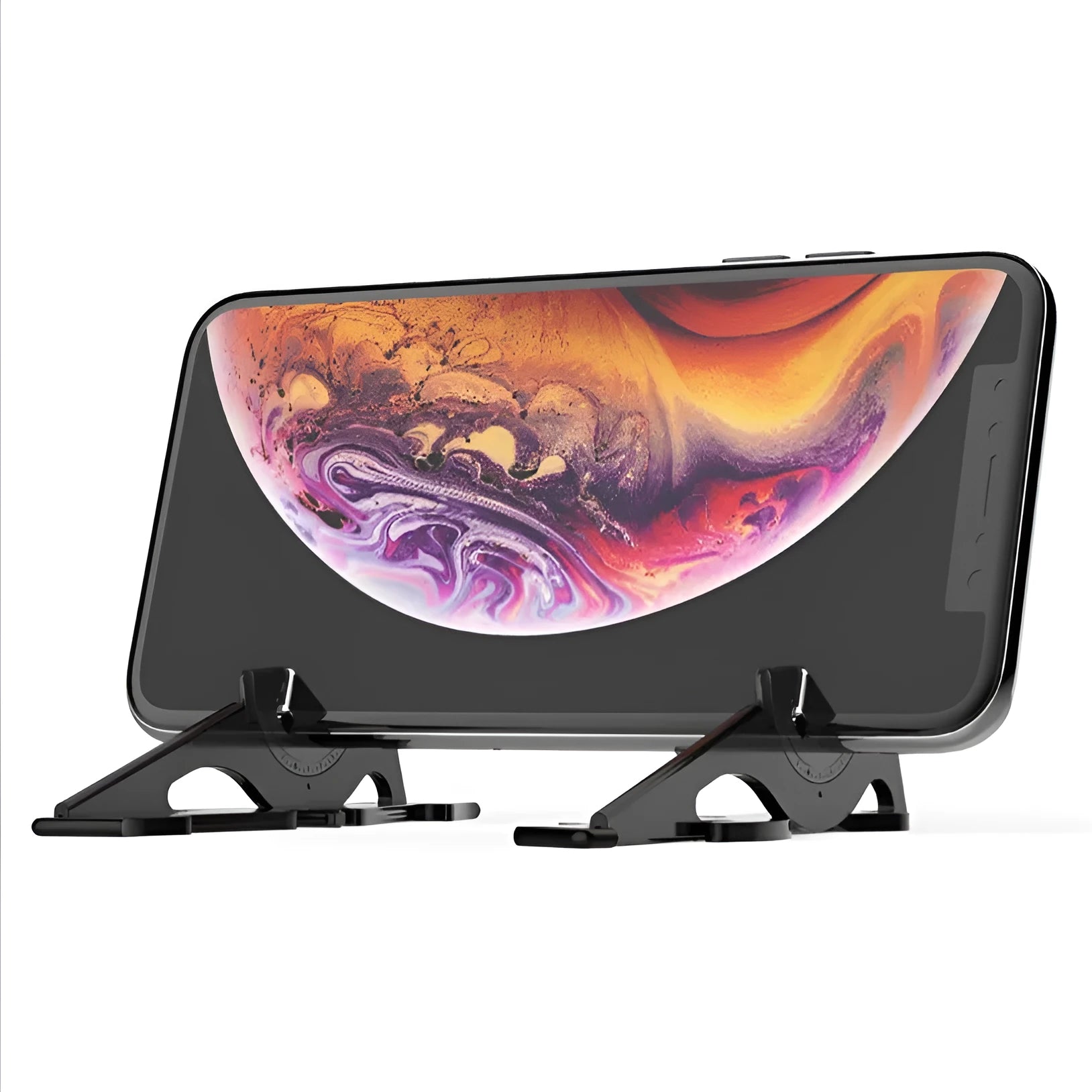Black plastic card type mobile phone holder with lazy bracket on a desktop.