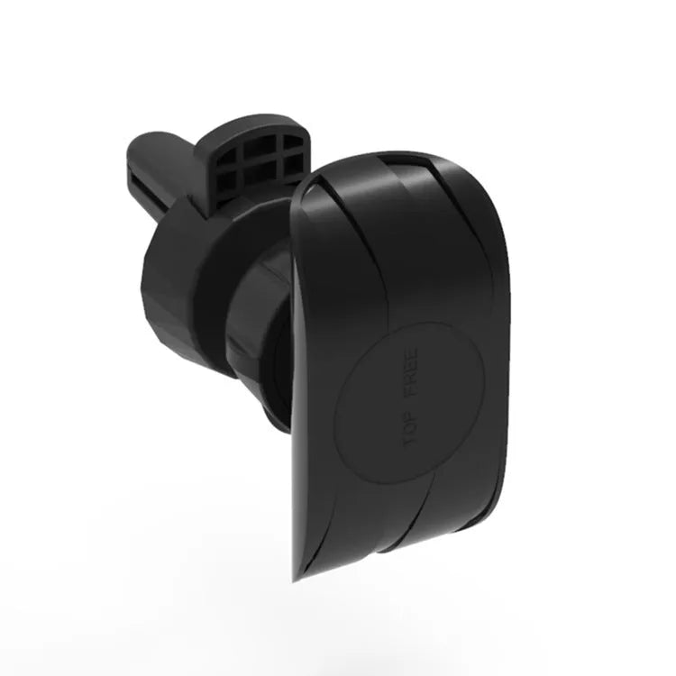 Matte black car phone holder clipped to air vent with adjustable side arms for smartphones