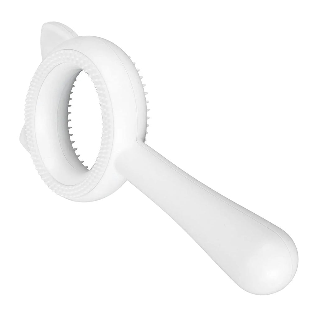 Blue and white double-sided pet grooming brush with comfortable handle for cats and dogs