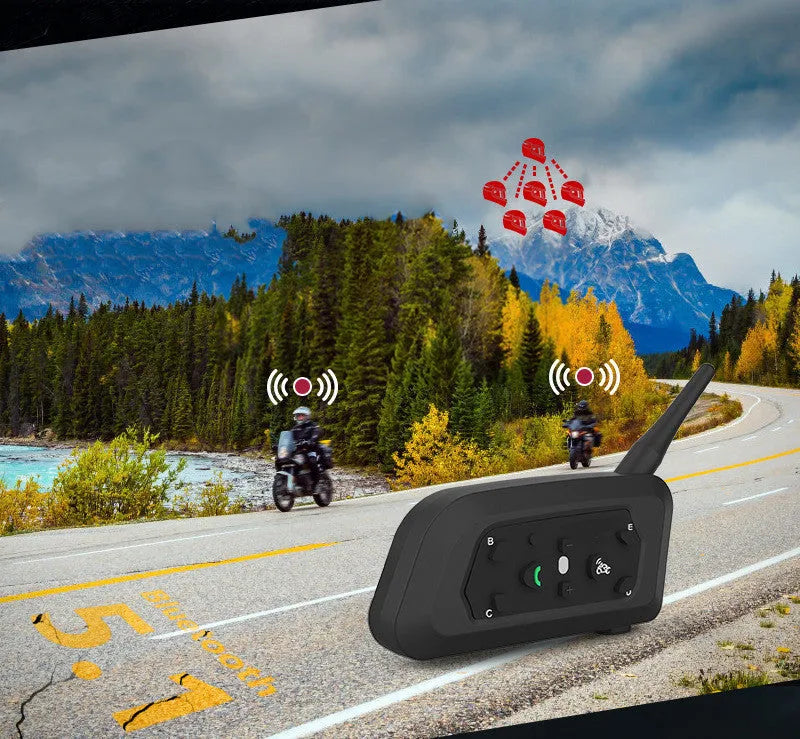 V6 Pro motorcycle helmet Bluetooth intercom unit with mounting clip and headset, shown with its 800m range and compact dimensions.