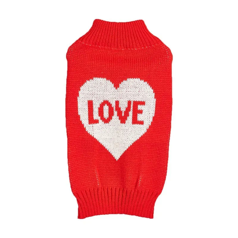 Red love heart and pink bow design on an acrylic dog sweater for small to large pets.
