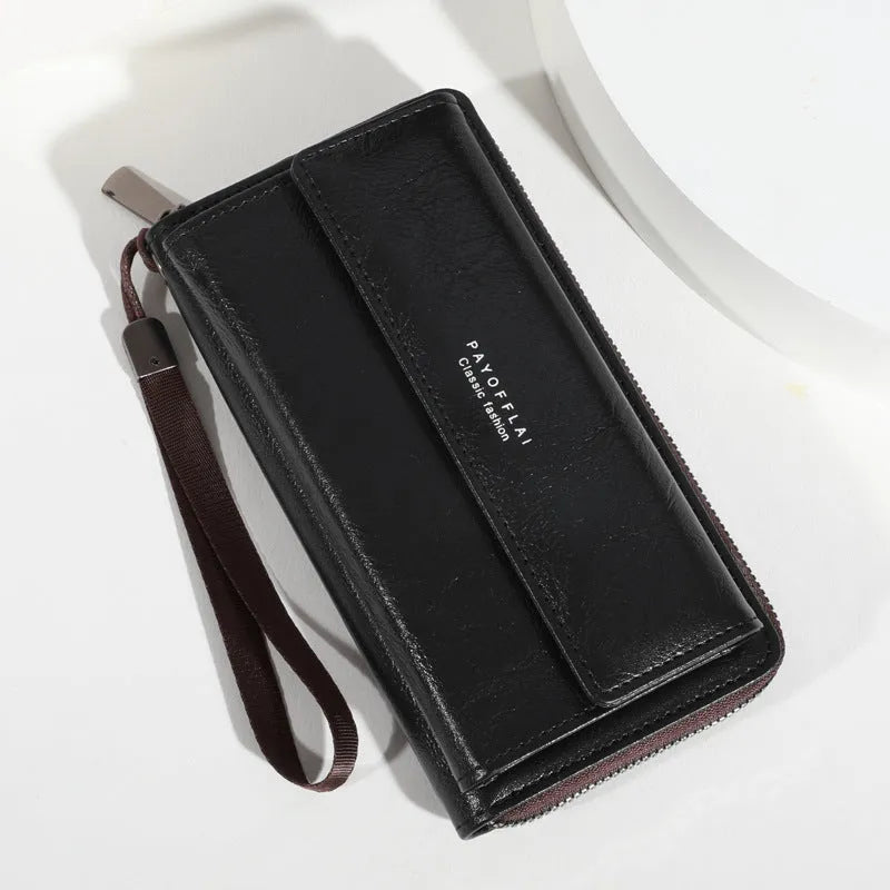 Men's black PU leather long wallet with multiple card slots, shown closed with slim profile.