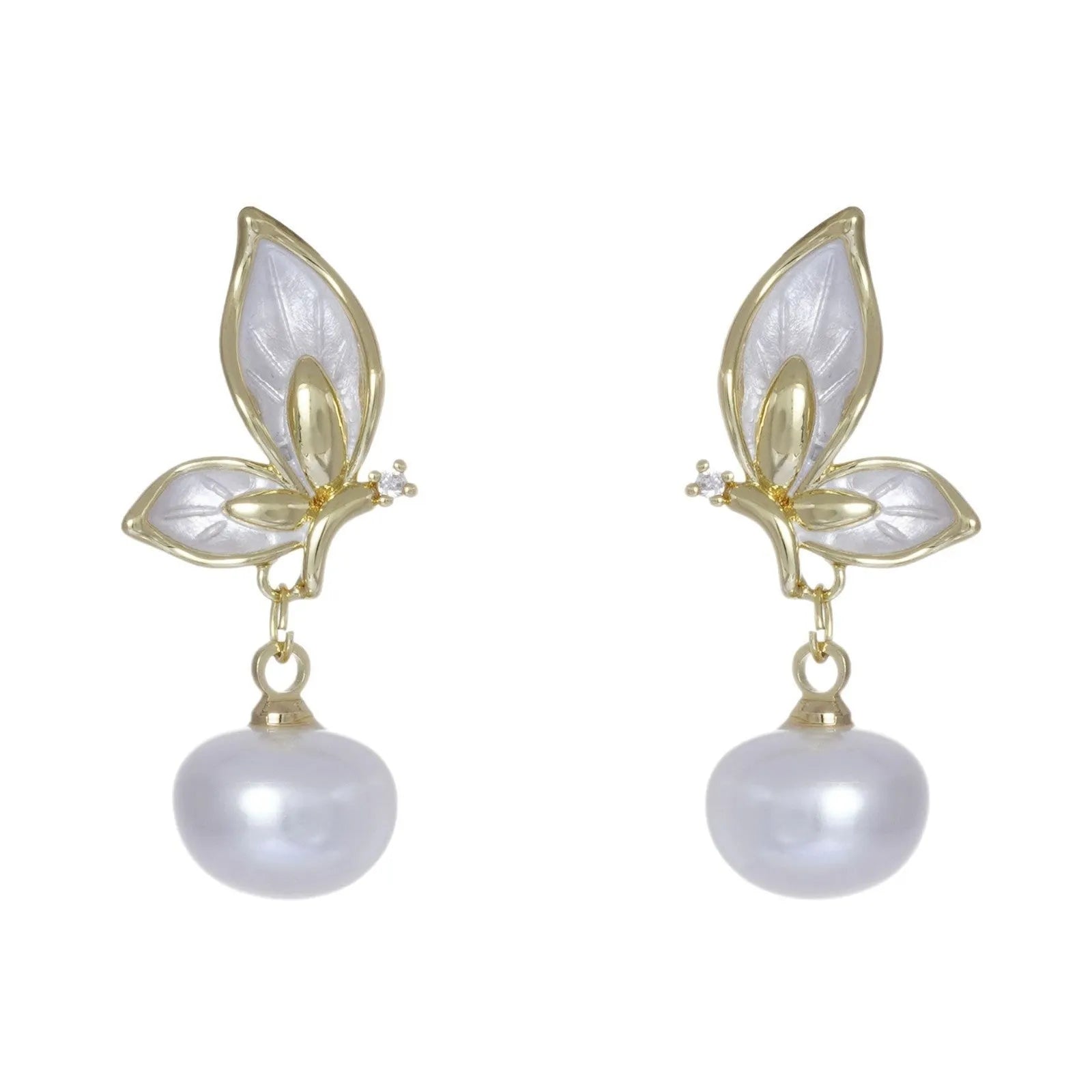 Butterfly-shaped drop earrings for women with oil painting design and zircon stone accents on copper.