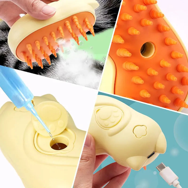 White cat steamy brush with self-cleaning function and medium grip handle for pet grooming