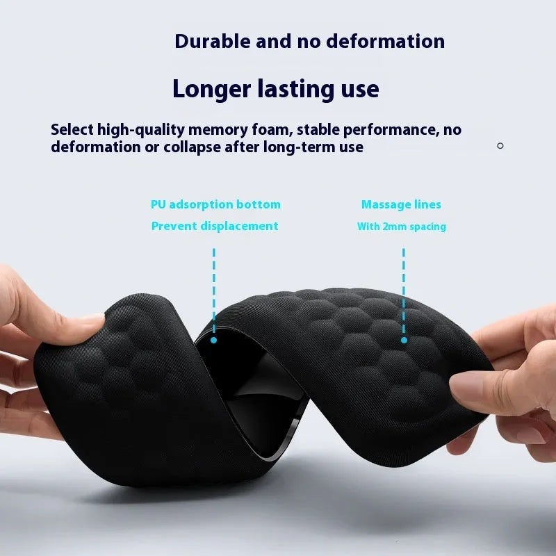 Grey and black memory cotton mouse wrist pads in cloth and leather styles on a desk.