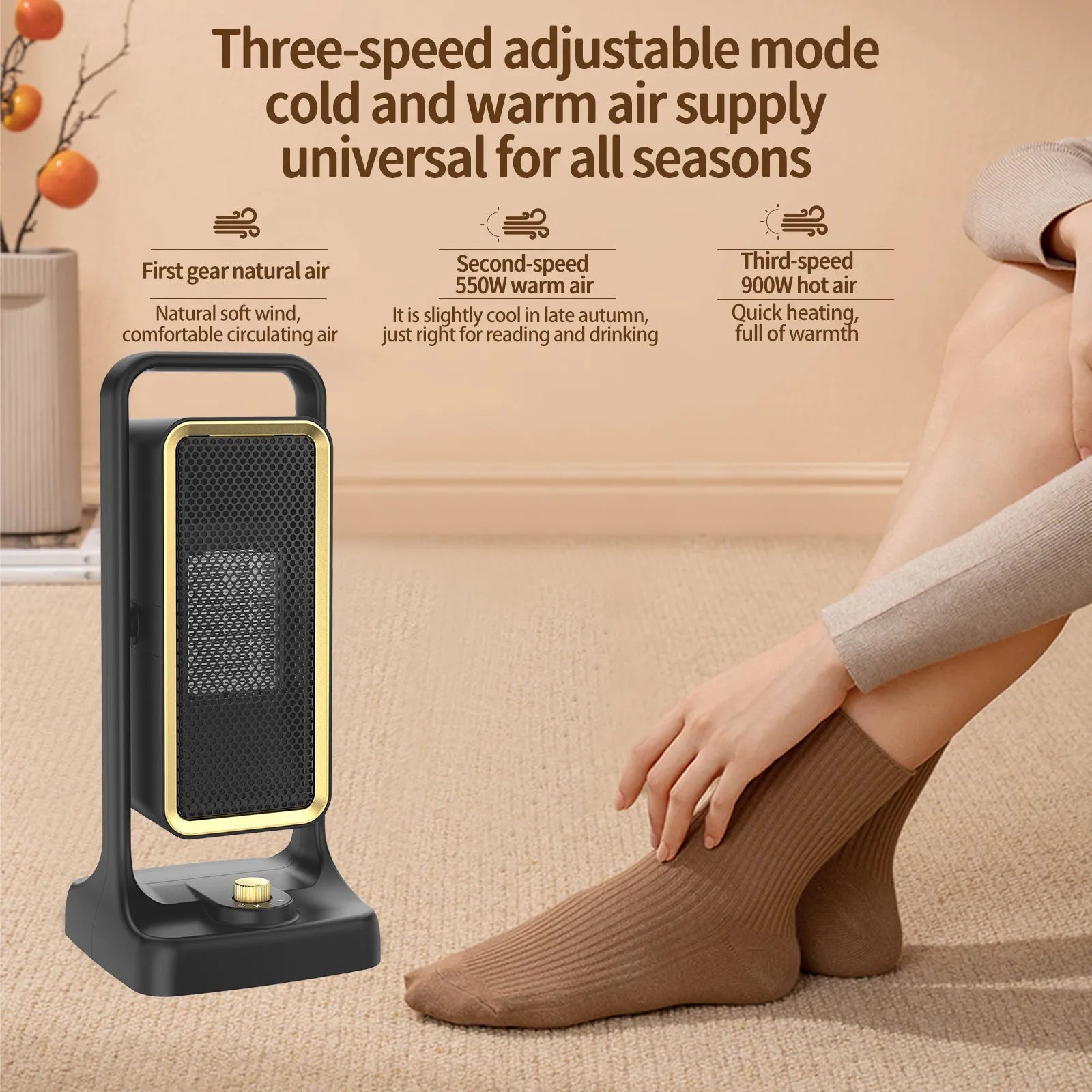 Black PTC ceramic desktop heater with adjustable power settings and three-speed fan for rooms up to 20 square metres