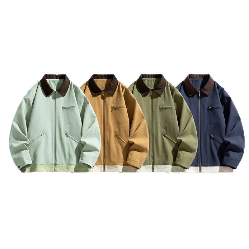 Men's retro workwear jacket with contrast lapels in loose autumn style